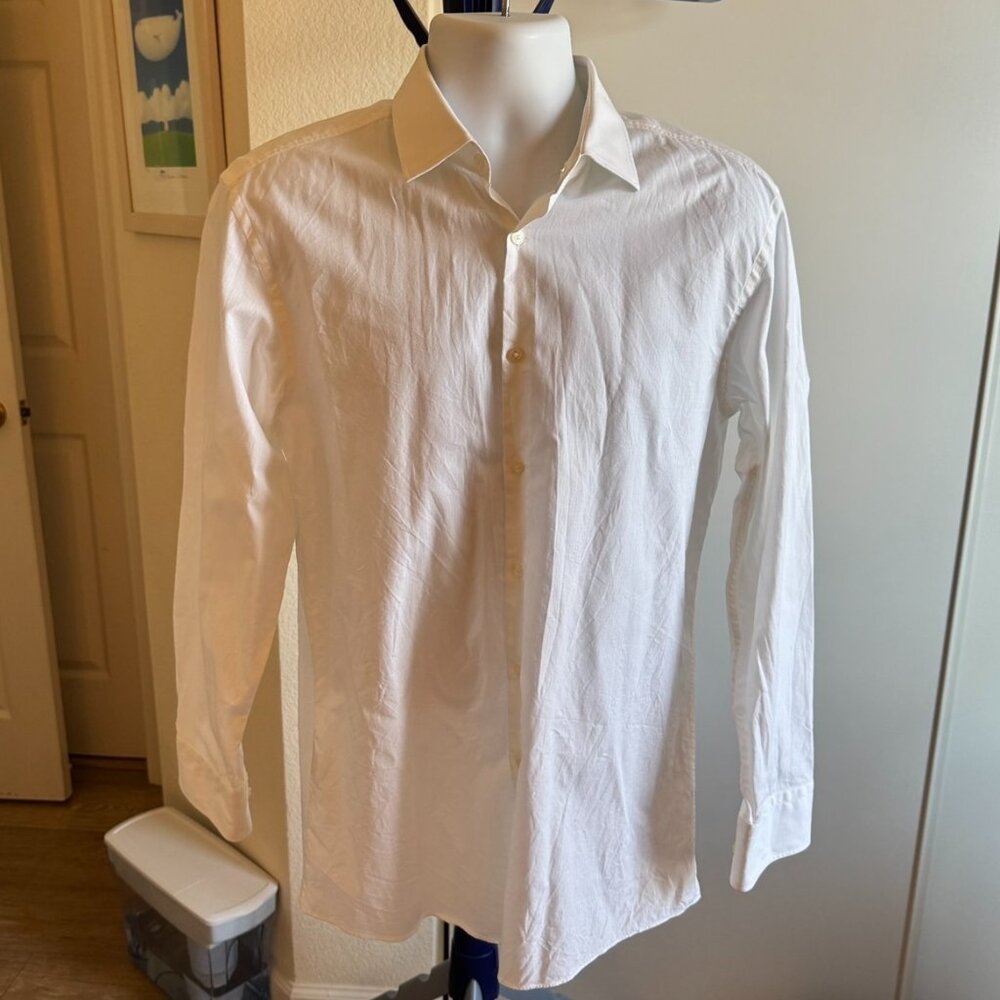 Hugo Boss White Dress Shirt Slim Fit 16 32/33 Sharp Slim-Fit Solid Cotton Mens